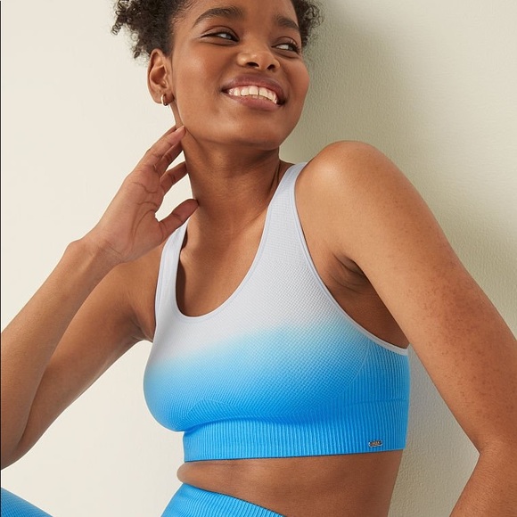 Vs Victorias Secret Pink Seamless Lined Gym Sports Bra Top Hydrangea Blue L - Picture 3 of 7